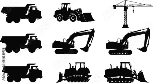 Core heavy construction machinery silhouette set, featuring dump truck, wheeled loader, excavator, bulldozer, and tower crane vehicle vector graphics for industry.