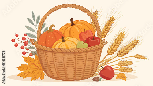 Harvest bounty basket of pumpkins, apples, wheat and foliage exudes autumn's warmth and abundance