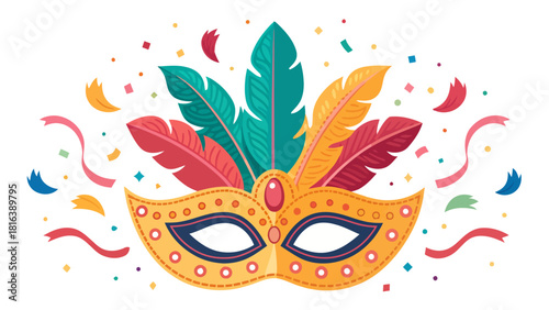 Vibrant carnival mask with feathers and confetti, a festive design for party invitations and event promotions