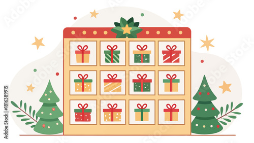 Charming Christmas Advent calendar with gifts and trees, perfect for holiday promotions and festive designs