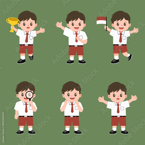 Set of boys student wearing Indonesian school uniform. Indonesia elementary student.