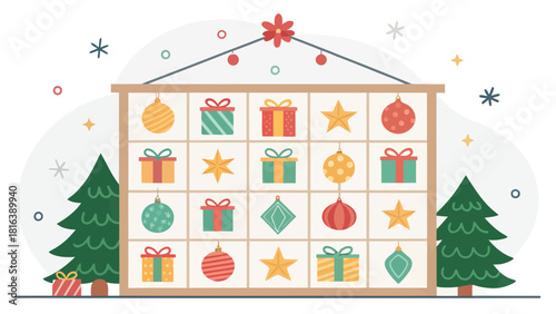 Festive Christmas advent calendar with gifts, ornaments, and trees for holiday cheer and winter celebrations