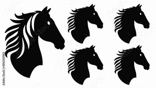 Elegant horse head silhouettes crafted with a stylized mane, perfect for equestrian themes, logo design, or branding with a touch of natural power