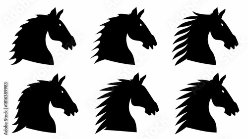 Stunning horse head silhouettes, perfect for equestrian designs, branding, or majestic logos. Elegant and powerful, this vector art captures equine grace.