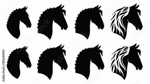 Elegantly designed horse head silhouettes in a row evoke a sense of freedom, strength, and natural beauty, perfect for equine enthusiasts and creatives