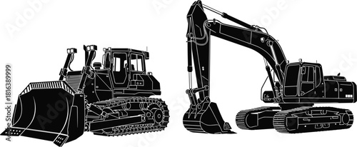 Detailed construction heavy machinery vector silhouette, featuring powerful tracked bulldozer and hydraulic excavator for industrial earthmoving and mining operations.