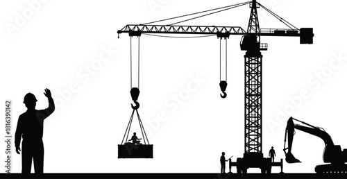 Detailed construction site silhouette, featuring tower crane lifting worker and cargo, excavator, foreman giving signal, and heavy machinery vector illustration.