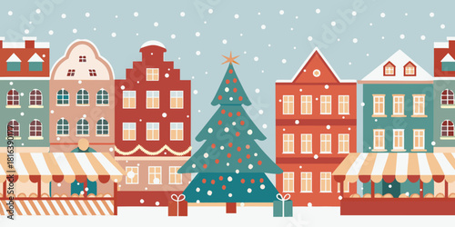 Charming christmas town scene with decorated tree and snowy weather