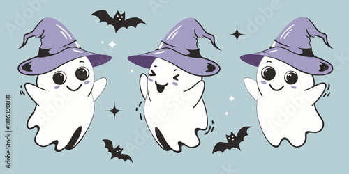 Cute halloween ghosts wearing witch hats with bats and stars
