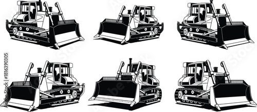 Detailed heavy-duty tracked bulldozer vector graphic set, featuring multiple perspective views for industrial earthmoving, construction, mining, and site leveling projects.