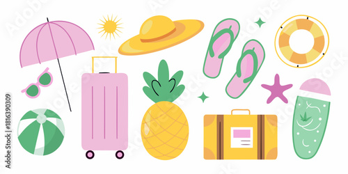 Summer vacation essentials colorful collection of beach and travel items