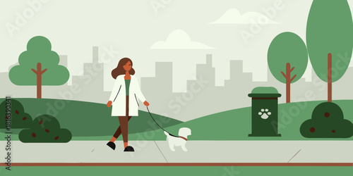 Woman walking dog in park with city skyline background illustration