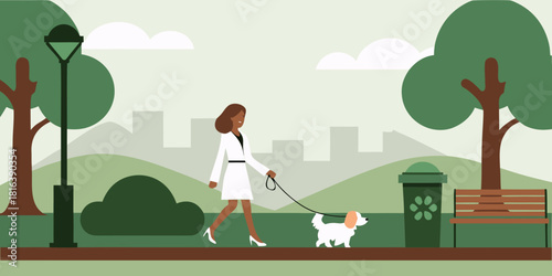 Woman walking dog in park illustration with trees and cityscape