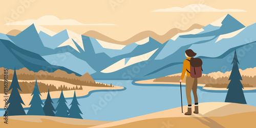 Hiker enjoying mountain view by lake vector landscape illustration