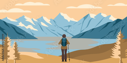 Female hiker admiring mountain landscape with lake and trees illustration