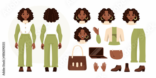 Fashionable african american woman with various clothing and accessories for different occasions