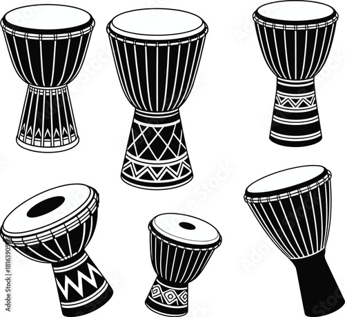 African djembe drum collection, traditional hand percussion instruments with tribal patterns, ethnic music drum set illustration, black and white vector art