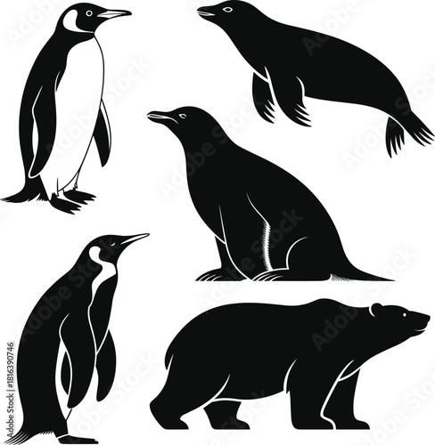 Arctic and Antarctic animal silhouettes, penguin, seal, sea lion, polar bear illustration set, wildlife graphic design elements for education and decoration