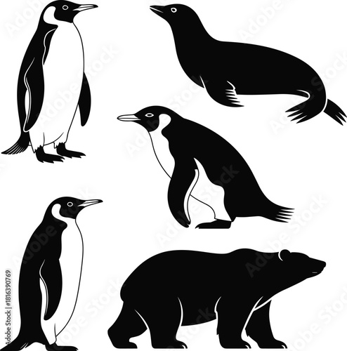 Arctic and Antarctic animal silhouettes, penguins, seal, polar bear illustration set, wildlife graphic elements for education, decoration, nature projects, digital design
