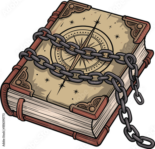 Ancient spellbook illustration, chained magical tome design, fantasy enchanted grimoire artwork, mystical arcane book vector, vintage occult symbol