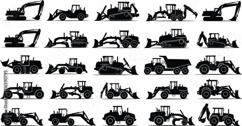 Extensive construction heavy equipment silhouette set, featuring excavator, bulldozer, dump truck, backhoe loader, and grader vehicle vector graphics for earthwork.
