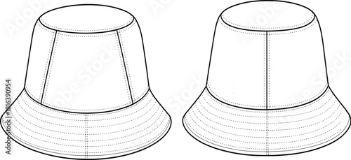 Bucket hat technical drawing, fashion flat sketch, detailed sewing pattern illustration, apparel design template, clothing accessory outline for garment designers