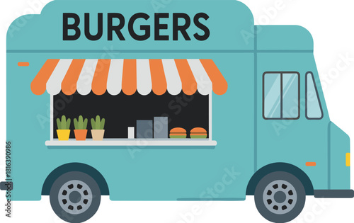 Burger food truck illustration with awning, street food vehicle, mobile kitchen, fast food van design for restaurant branding, signage, marketing graphics