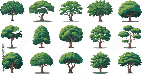 Collection of lush green tree illustrations, natural foliage icons, botanical elements for landscape design, environment graphics, nature clipart, forest vegetation set