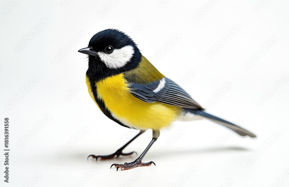 Obraz premium Great tit stands on white background. Parus major close up. Black yellow bird wildlife represents spring. Cute symbolises joy and optimism. Songbird with plumage sits alone. Wild animal.