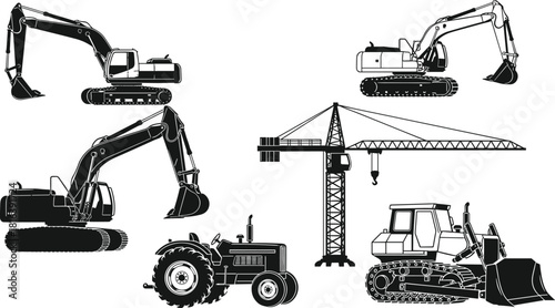 Heavy machinery silhouette set, featuring detailed excavators, tower crane, tracked bulldozer, and farm tractor vector graphics for construction and agriculture projects.