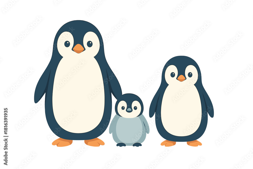 Fototapeta premium Adorable cartoon penguin family portrait of two adult birds and one small chick