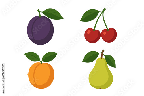 Fresh ripe summer fruits assortment including plum, cherry, apricot, and pear