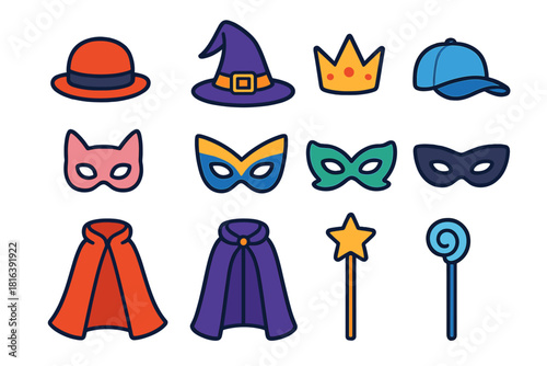 Colorful party and carnival costume accessories set including hats, masks, capes, and wands
