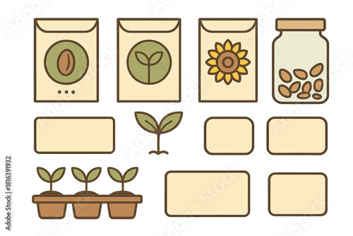 Essential gardening supplies set with seed packets, sprouting seedlings, and blank labels