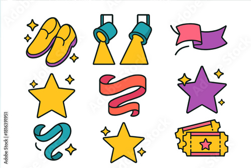 Brightly colored icons representing performance, achievement, stage lights, stars, ribbons, tickets, and shoes
