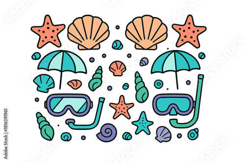 Bright summer vacation elements pattern featuring seashells, starfish, diving mask, snorkel, and beach umbrella