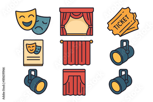 Set of theater and drama symbols featuring masks, stage curtains, ticket, and spotlights
