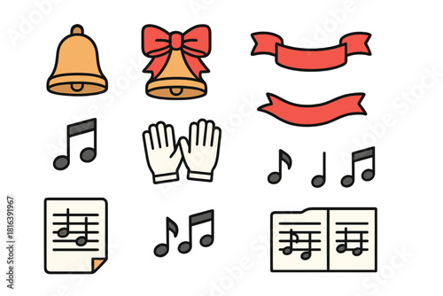 Set of musical and celebratory icons featuring bells, ribbons, gloves, and sheet music notes