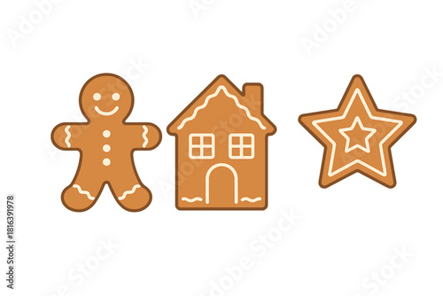 Traditional Christmas holiday gingerbread cookies set featuring a smiling man, house, and star shape