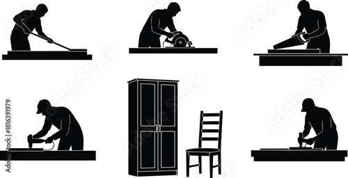 Professional carpentry and woodworking worker silhouette set, featuring man using electric saw, hand tools, hammer, and furniture construction vector graphics.
