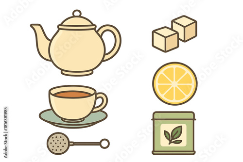 Collection of tea preparation items including teapot, teacup, lemon, and sugar cubes