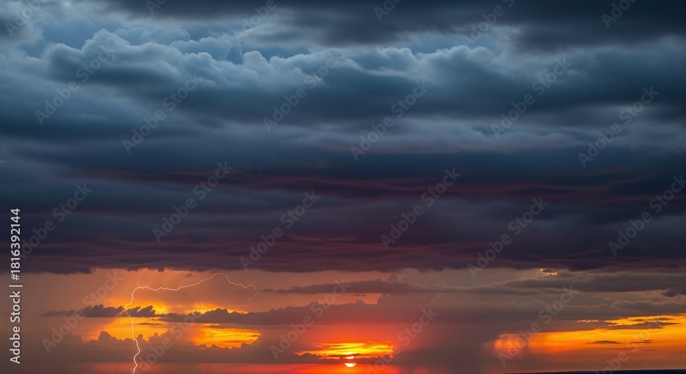Fototapeta premium Dramatic sunset over water with dark storm clouds and a lightning strike