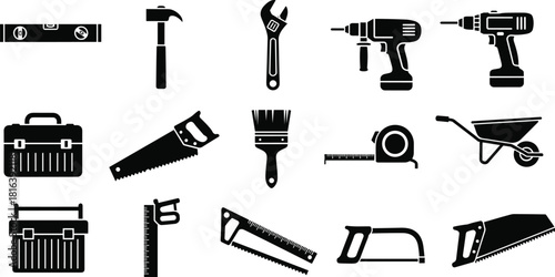 Professional construction and repair tool vector icon set, featuring hammer, saw, drill, wrench, measuring tape, spirit level, toolbox, and wheelbarrow silhouette.
