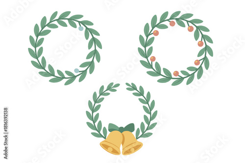 Set of three decorative holiday wreaths featuring green leaves, red berries, and golden Christmas bells