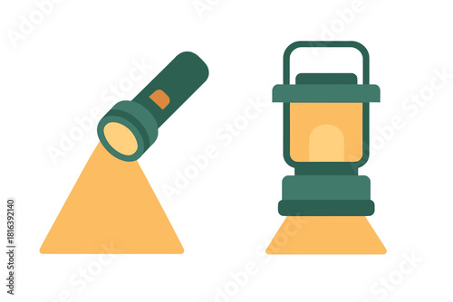 Portable lighting equipment featuring a modern flashlight and a classic camping lantern