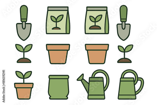 Essential gardening tools and supplies set including shovel, watering can, pots, and seedlings
