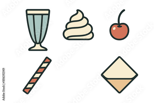 Retro dessert toppings set with milkshake glass whipped cream cherry and wafer stick elements