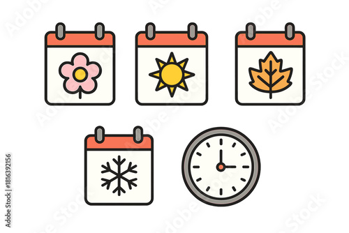 Collection of calendar icons symbolizing the four seasons and a separate time clock
