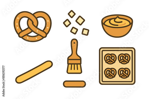 Baking ingredients and tools set featuring pretzel, dough, salt, dipping sauce, and pastry brush