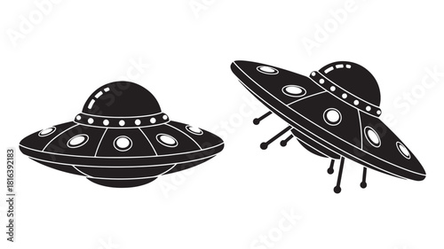 two black ufo spacecraft illustrations with detailed bodies and illuminated windows are showcased perfect for sci fi designs on transparent background silhouette
